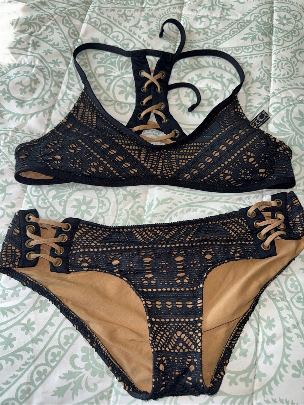 BECCA Black Crochet Lace-Up Bikini with Tan Lining